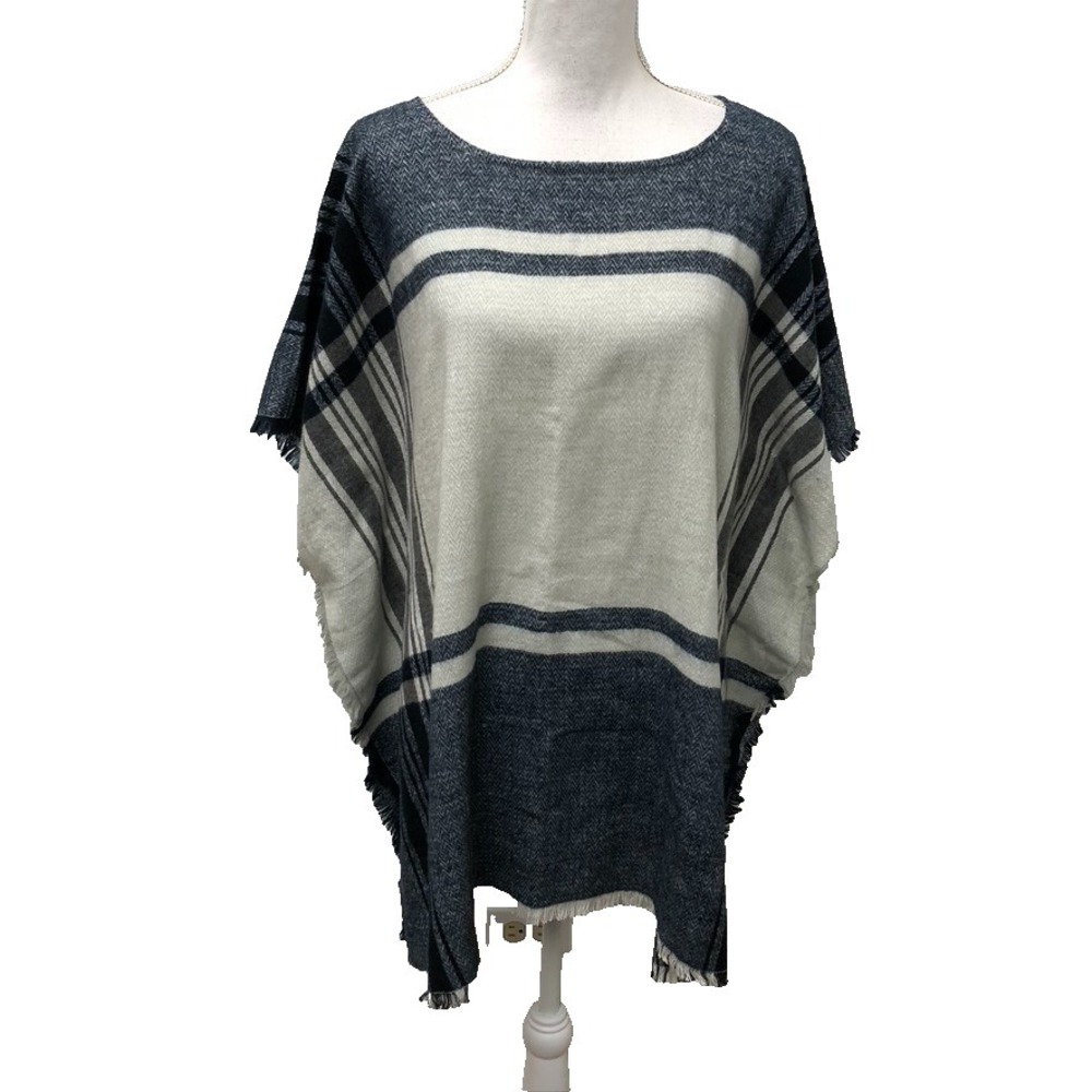 Madewell Poncho Sweater Jumper Womens One Size Blue Gray Plaid Coastal Preppy